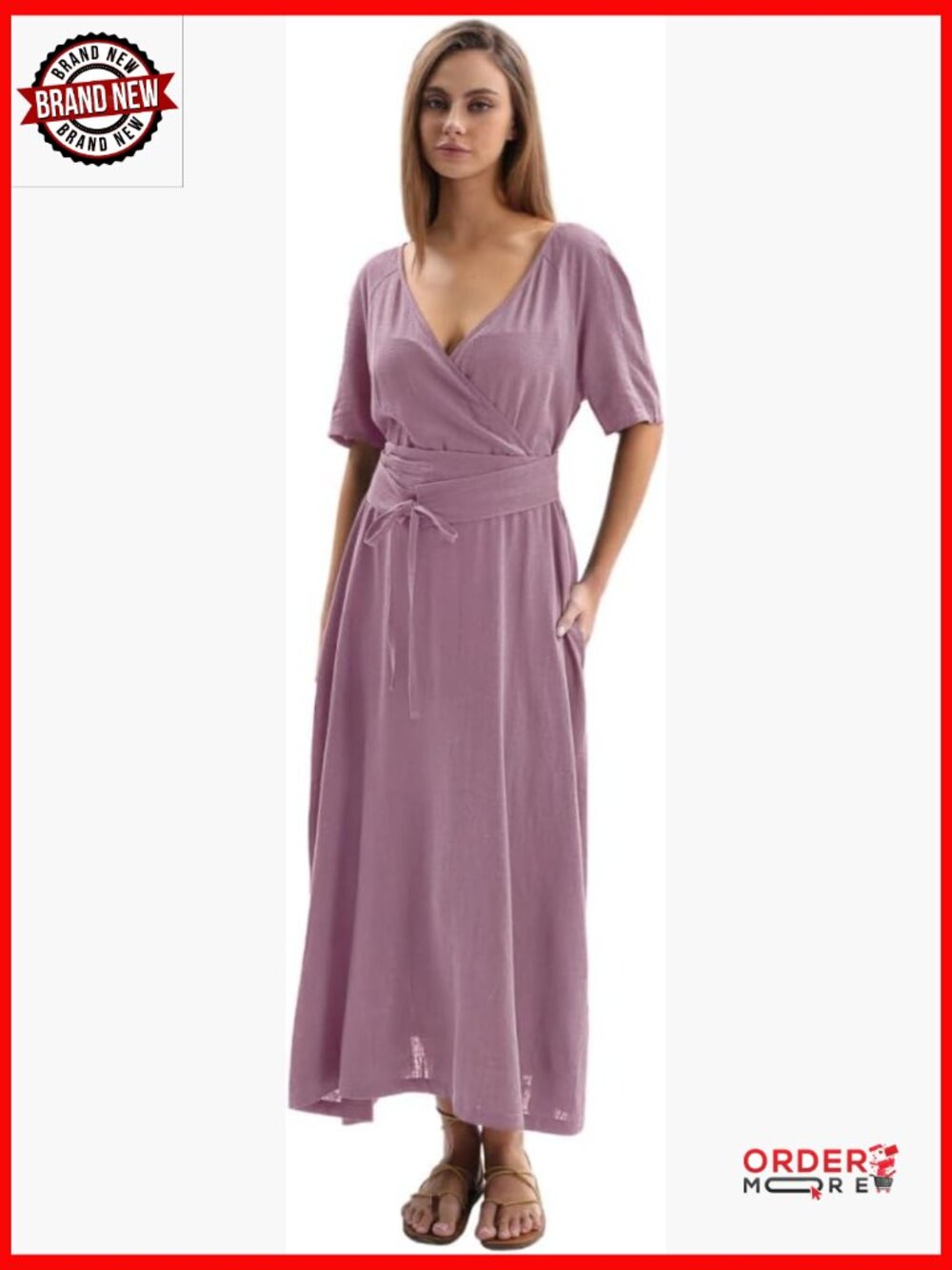 Linen Blend Wrap Maxi Dress with Pockets & Belt